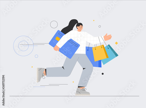 Concept of E-commerce and online shopping for bannerd, advertising, app, landing page. Woman with shopping bags and credit cards. People shop online. Flat style vector illustration.