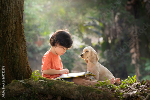 Asian boy and dog. Kid read book. Child and puppy under tree. American Cocker Spaniel home pet. Domestic animal. School and education. Nature and park. Early learning. Summer outdoor. Best friends. photo