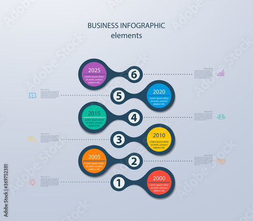 Infographics timeline template with realistic colorful circles for 6 steps and icons. Can be used for workflow layout, diagram, number options, step up options, web design, infographics, presentations