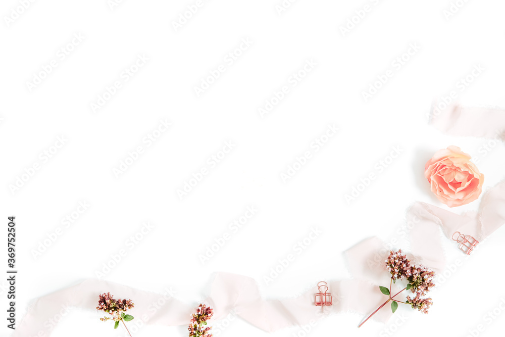 Aesthetic fall theme abstract background with flowers and ribbon, soft pastels, horizontal image, with copy space, white background, creative styling Aesthetic fall theme abstract background with flowers and ribbon, soft pastels, horizontal image, with copy space, white background, creative styling
