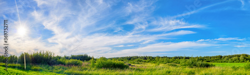 Obraz na płótnie Large panoramic hdr landscape with meadow, forest, and dramatic sky at sunny day w salonie