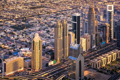 Photography Aerial view of the skyscrapers along the Sheikh Zayed Road in Dubai, UAE