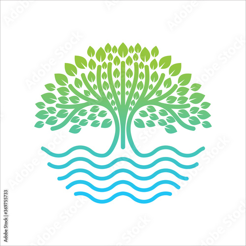 River Tree Logo circle shape design vector template, River Tree eco logo line art. design vector nature graphic minimalist logo template, Abstract design tree and sea icon, Nature wave logo template.