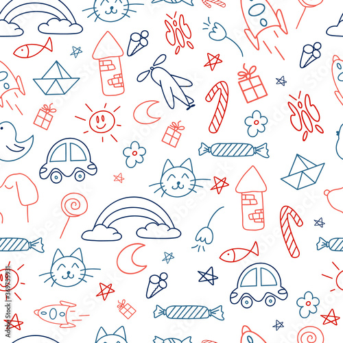 Cute handmade doodle seamless pattern icons for kids and preschoolers. Icon car, cat, dog, candy, tower, rainbow, moon, sun, tower, plane, rocket. Seamless Pattern For Kids