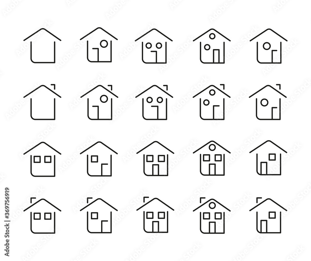 Set of outline home line icons isolated on a white background. House icons sign Set of outline home line icons isolated on a white background. House icons sign