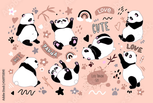 Set with cartoon funny pandas, cute phrases and elements. The panda sits, eats, lies, tumbles. Bamboo Chinese bear. Stock vector illustration. For printing on postcards, office supplies, clothes.