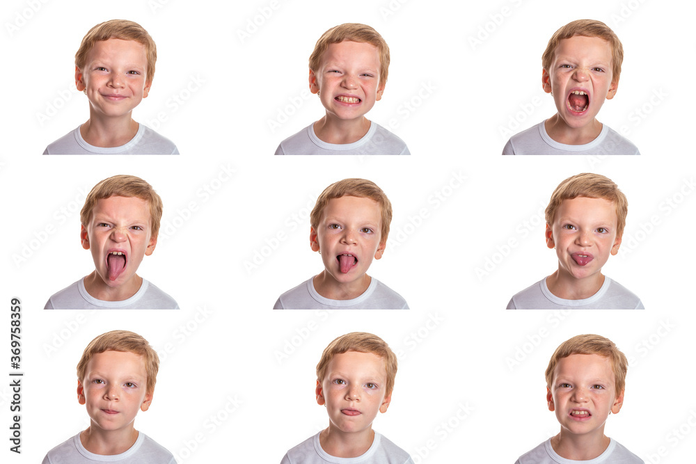 Speech therapy concept. Little boy doing exercises for correct pronunciation. Isolation on a white background. Image set. High quality photo Speech therapy concept. Little boy doing exercises for correct pronunciation. Isolation on a white background. Image set. High quality photo