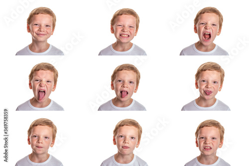 Speech therapy concept. Little boy doing exercises for correct pronunciation. Isolation on a white background. Image set. High quality photo © Olga Soloveva