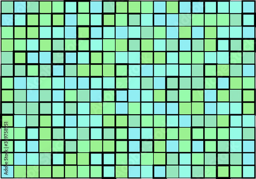 Mosaic from vector squares with trendy blue and green colors and different sized borders in shades of blue for web, cover, wrapping paper, art, etc. backgrounds