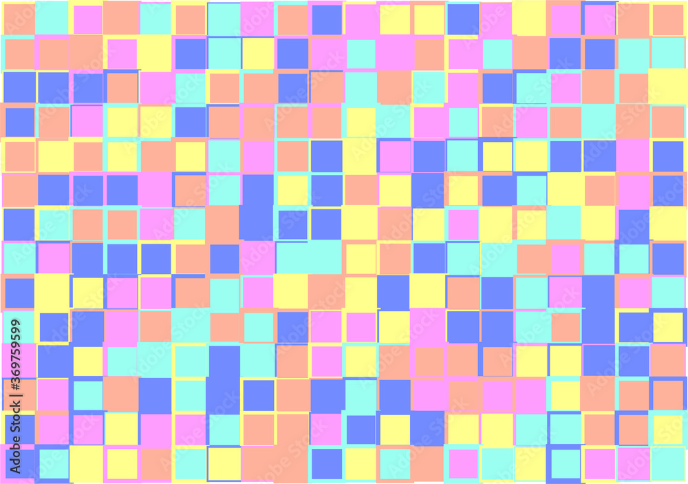 Mosaic from vector squares with trendy blue, yellow  and pink colors and different sized borders in shades of colors for web, cover, wrapping paper, art, etc. backgrounds