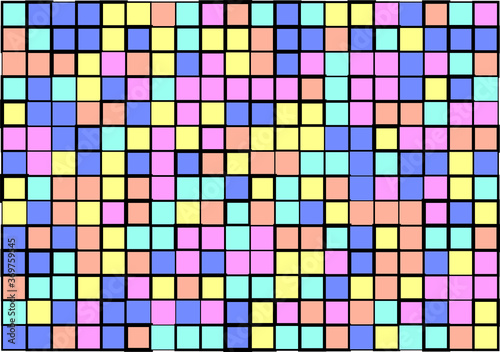 Mosaic from vector squares with trendy blue, yellow and pink colors and different sized borders in shades of colors for web, cover, wrapping paper, art, etc. backgrounds