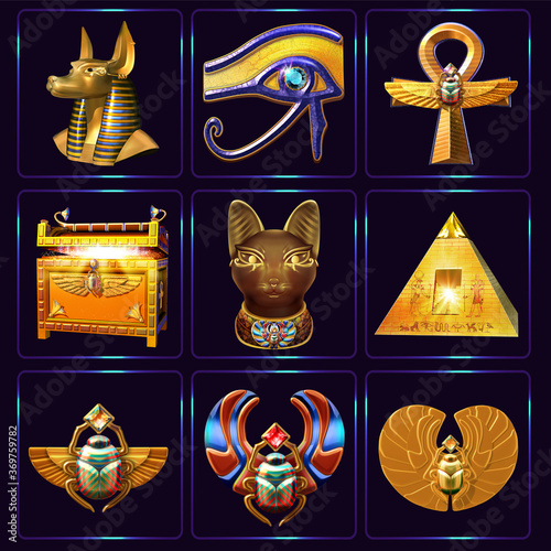 Set of Egyptian themed symbols isolated on dark background. 3D illustrations of Anubis head, the Eye of Ra, ankh cross, treasure chest, head of Bastet goddess, golden pyramid and scarab artifacts  photo