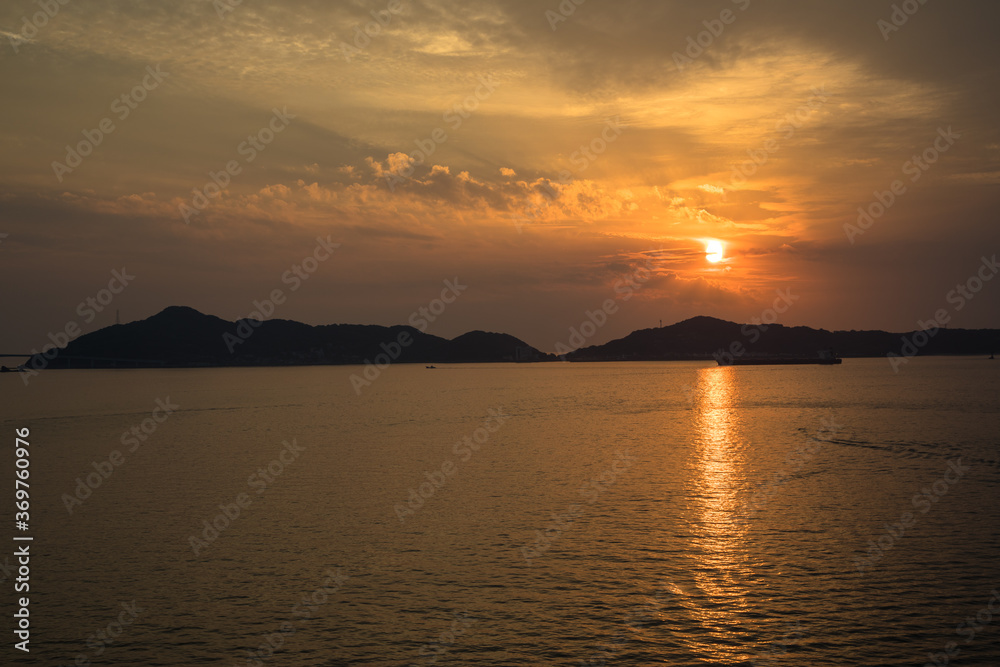 Sunset over the mouth of Nagasaki Bay, Nagasaki, Japan