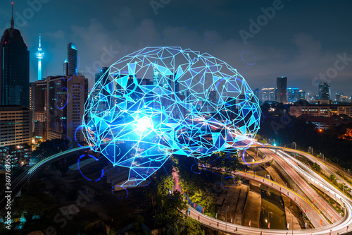 Photos Human brain hologram, aerial panoramic city view of Kuala Lumpur at night