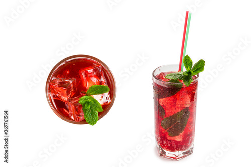Tablou pe pânză Red fresh drink with ice, grapefruit and mint isolated on white