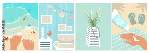 interior, SPF cream, flowers. Cartoon illustration for travel and vacation design. Turquoise towel and flipflops in sand