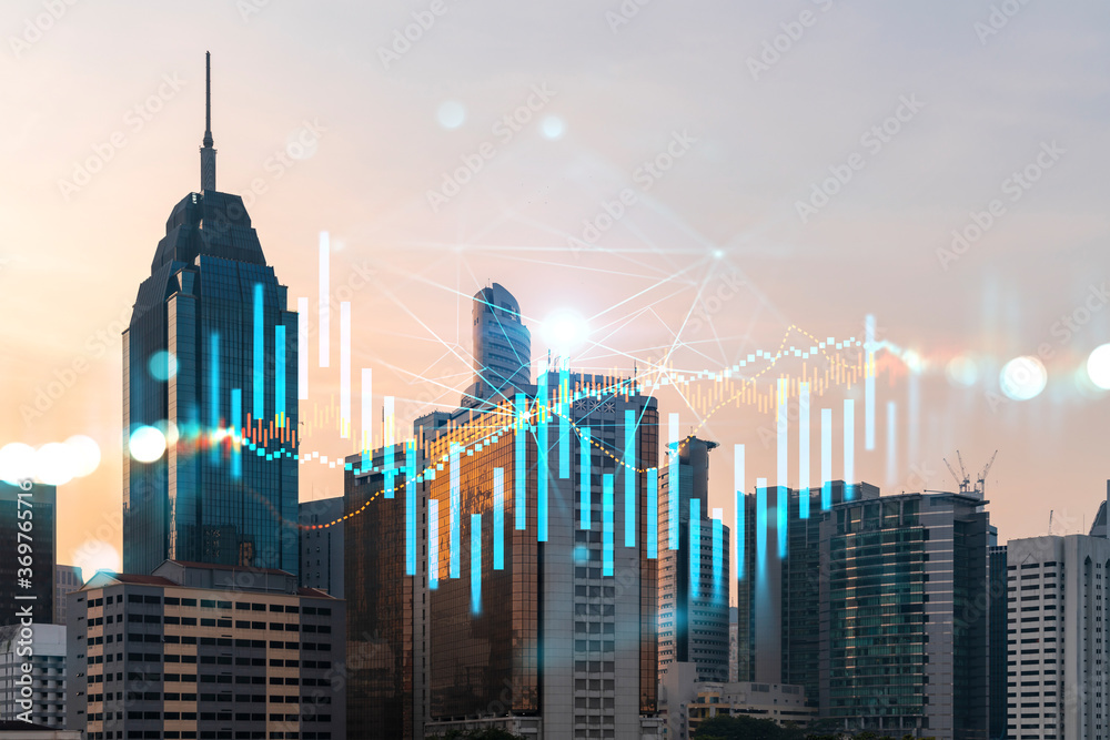 Glowing FOREX graph hologram, aerial panoramic cityscape of Kuala Lumpur at sunset. Stock and bond trading in KL, Malaysia, Asia. The concept of fund management. Double exposure.