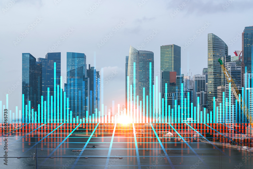 Forex and stock market chart hologram over panorama city view of Singapore, the financial center in Asia. The concept of international trading. Double exposure. Forex and stock market chart hologram over panorama city view of Singapore, the financial center in Asia. The concept of international trading. Double exposure.
