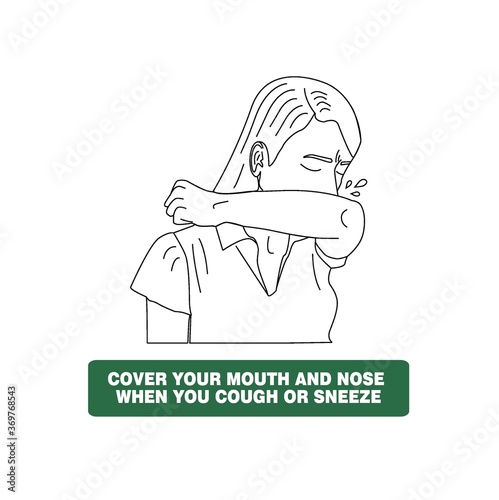 Cover your mouth and nose with arm when cough or sneeze. woman vector warning sign about cough and sneeze. Coronavirus protection sign. woman with runny nose and sneezing. Protection Against Viruses 