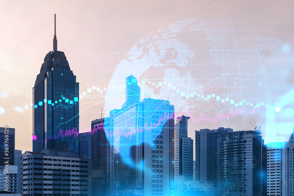Glowing FOREX graph hologram, aerial panoramic cityscape of Kuala Lumpur at sunset. Stock and bond trading in KL, Malaysia, Asia. The concept of fund management. Double exposure.