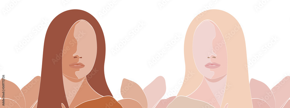 Abstract portrait of two beautiful women, blond and brunette. Floral background. ashion minimal trendy illustration in flat style. Vector illustration Abstract portrait of two beautiful women, blond and brunette. Floral background. ashion minimal trendy illustration in flat style. Vector illustration
