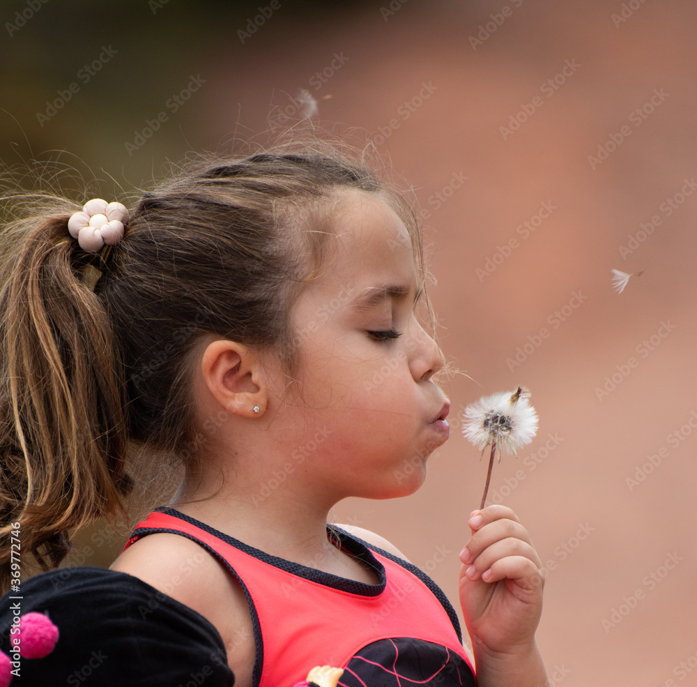 GIRL BLOWING A DANDELION IN THE NATURE GIRL BLOWING A DANDELION IN THE NATURE