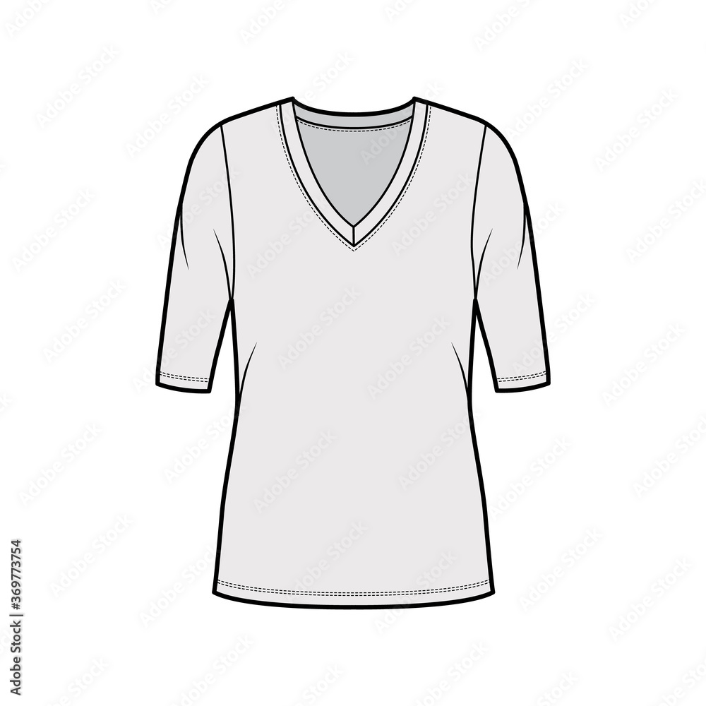 Deep V-neck jersey sweater technical fashion illustration with elbow sleeves, oversized body, tunic length. Flat shirt apparel template front, grey color. Women, men unisex outfit top CAD mockup Deep V-neck jersey sweater technical fashion illustration with elbow sleeves, oversized body, tunic length. Flat shirt apparel template front, grey color. Women, men unisex outfit top CAD mockup