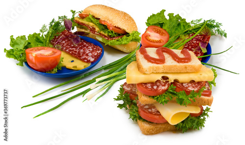 Isolated image of hamburgers and sandwiches on white background