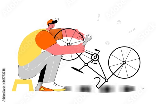 Bicycle repair male female mechanics service isometric set with tandem bike pump saddle wheels frame vector illustration