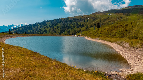 Beautiful alpine view with a lake at the famous Zillertaler Hoehenstrasse, Ried, Zillertal, Tyrol, Austria