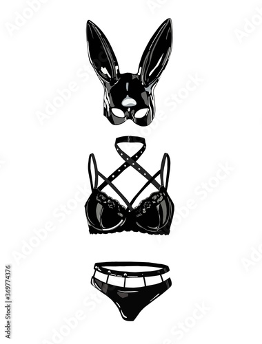 A set of leather linen. Rabbit mask latex. Erotic lingerie. Vector illustration isolated.