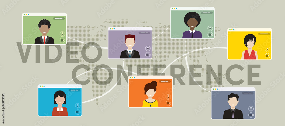 People in meeting by video conference working from home. Business discussion, web chatting, online meeting friends in video call. Group of people talking by internet in social distancing. People in meeting by video conference working from home. Business discussion, web chatting, online meeting friends in video call. Group of people talking by internet in social distancing.