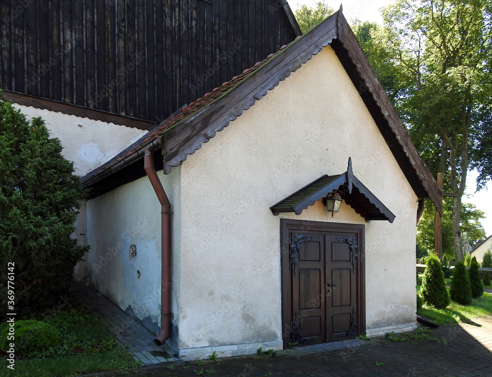 built in the eighteenth century, the Roman Catholic church dedicated to the Exaltation of the Holy Cross in the town of Kanigowo in Warmia and Masuria in Poland built in the eighteenth century, the Roman Catholic church dedicated to the Exaltation of the Holy Cross in the town of Kanigowo in Warmia and Masuria in Poland