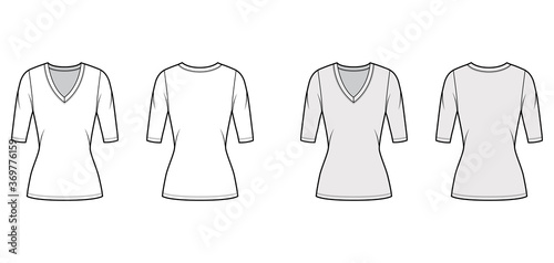 Deep V-neck jersey sweater technical fashion illustration with elbow sleeves, close-fitting shape tunic length. Flat shirt apparel template front back white grey color. Women men unisex top CAD mockup
