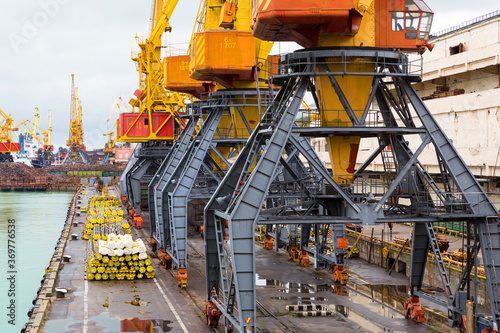 Εκτύπωση καμβά Odessa, Ukraine - October 13, 2016: Container cranes in cargo port terminal, cargo cranes without job in an empty harbor port