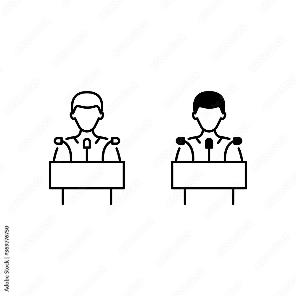Male politician speaking behind the podium outline and glyph icons Male politician speaking behind the podium outline and glyph icons