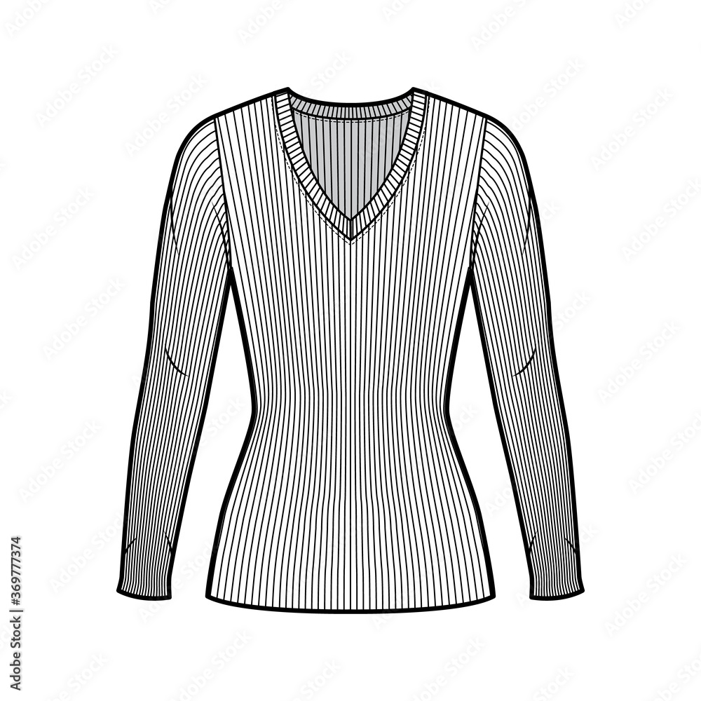 Obraz premium Ribbed V-neck knit sweater technical fashion illustration with long sleeves, close-fitting shape tunic length. Flat outwear apparel template front white color. Women men unisex shirt top CAD mockup