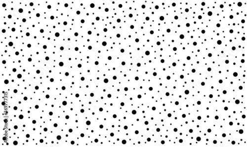 Black polka dots in random pattern on white background - vector illustration.