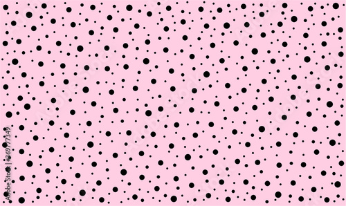 Black polka dots in random pattern on pale pink background - vector illustration.