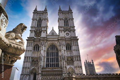 Sunset over Westminster Abbey in London, England in the United Kingdom.