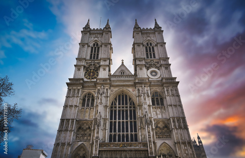 Sunset over Westminster Abbey in London, England in the United Kingdom.