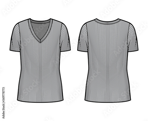 Ribbed V-neck knit sweater technical fashion illustration with short rib sleeves, oversized body tunic length. Flat outwear apparel template front back grey color. Women men unisex shirt top mockup
