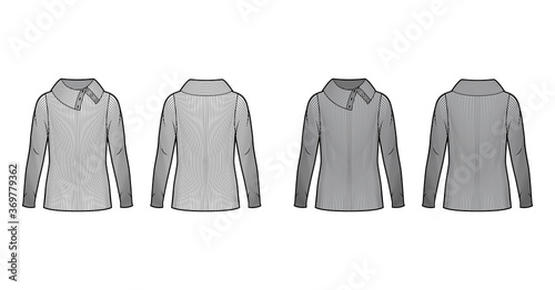Wide button-up turtleneck ribbed-knit sweater technical fashion illustration with long sleeves oversized tunic length. Flat sweater apparel template front back white grey color. Women men unisex shirt