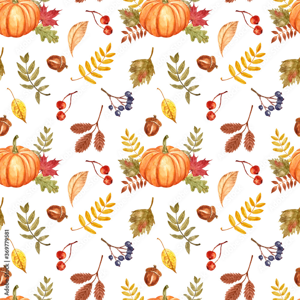 Autumn floral seamless pattern with hand painted watercolor pumpkin, fall foliage, berries on white background. Thanksgiving day themed design wallpaper. Botanical seasonal print.