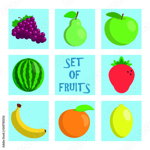 simple vector eps set of fruits and berries with simple shadows on blue background adjustable