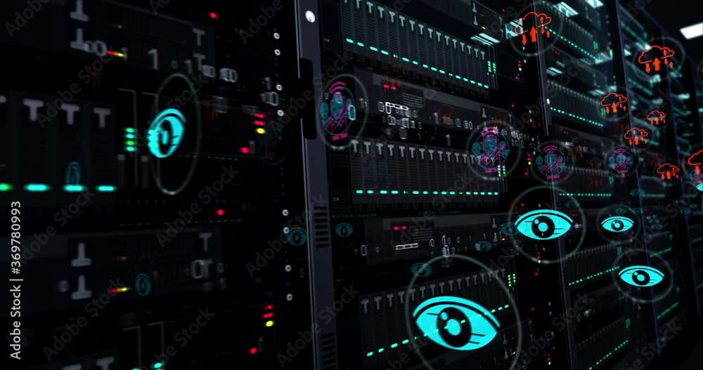 Servers room with symbols of social scoring, privacy, personal surveillance, cyber supervise and information spying technology. Futuristic digital loopable and seamless 3d rendering concept animation.