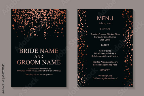 Modern grunge luxury wedding invitation design or card templates for business or poster or greeting with copper paint splashes on a black background.