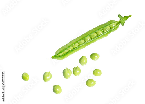Fresh green pea pod with beans.