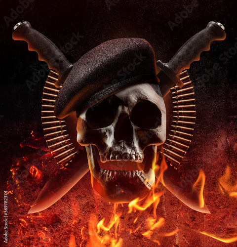 Foto Concept collage of military soldier skull with beret , knives and bullet shells