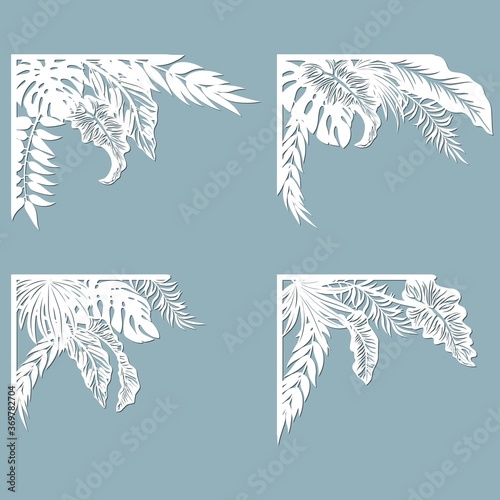 Set feathers. Laser cut template of openwork vector silhouette. For envelope with ornate floral ornament. Decorative design pattern for holiday